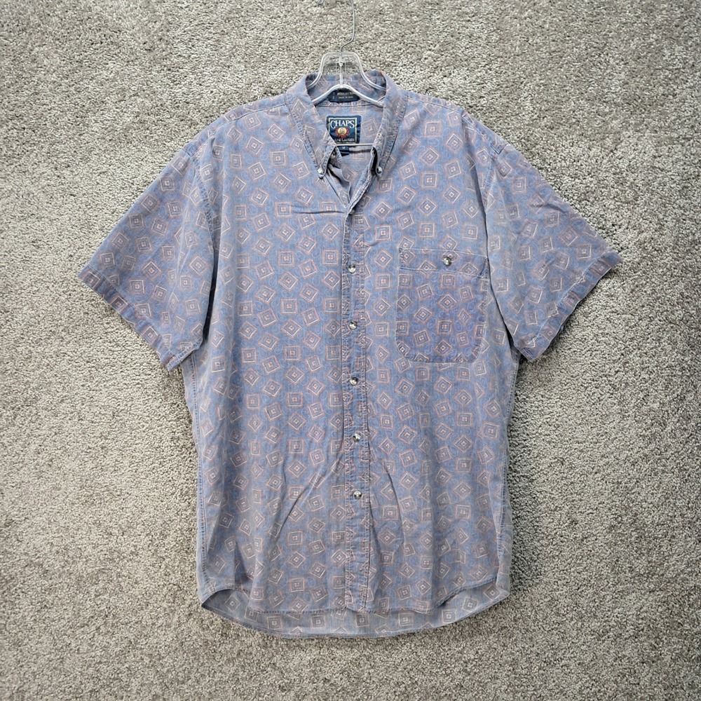 Vintage Chaps Ralph Lauren Mens Blue Geometric Diamond Short Sleeve Shirt Medium